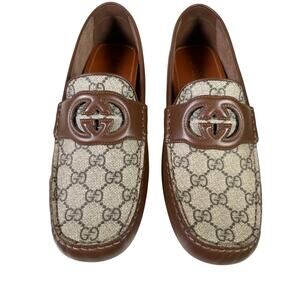 NIB Gucci GG Supreme Canvas & Leather Driver Loafers Brown Size UK9 US9.5